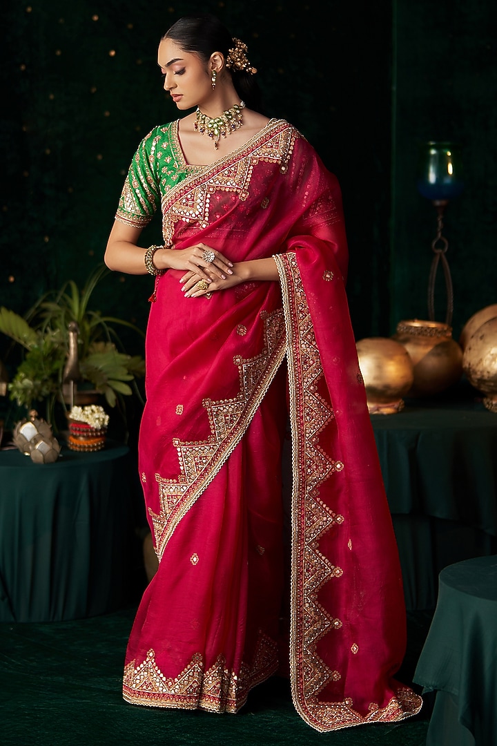 Pink Organza Mirror Embroidered Reception Saree Set by Almaari by Pooja Patel at Pernia's Pop Up Shop