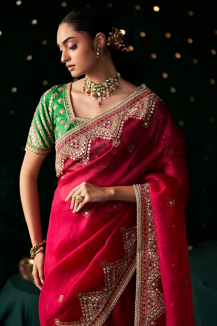 Pink Organza Mirror Embroidered Reception Saree Set by Almaari by Pooja Patel at Pernia's Pop Up Shop