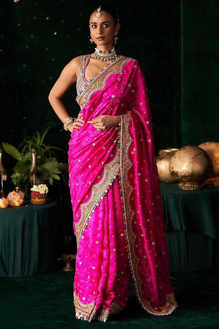 Pink Silk Mirror Embroidered Reception Saree Set by Almaari by Pooja Patel at Pernia's Pop Up Shop