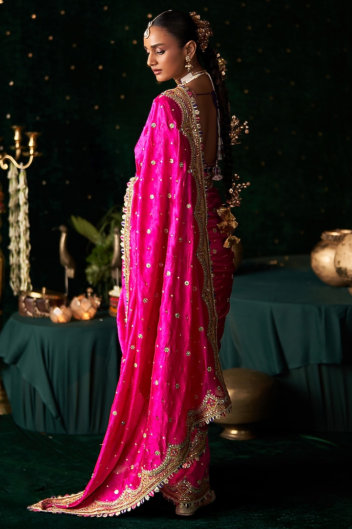 Pink Silk Mirror Embroidered Reception Saree Set by Almaari by Pooja Patel at Pernia's Pop Up Shop