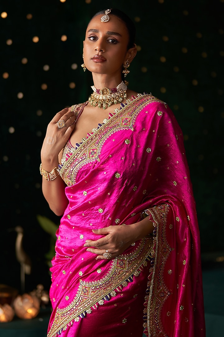 Pink Silk Mirror Embroidered Reception Saree Set by Almaari by Pooja Patel at Pernia's Pop Up Shop