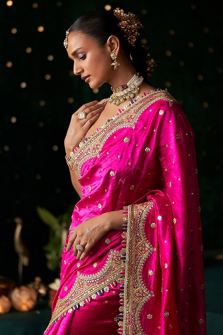 Pink Silk Mirror Embroidered Reception Saree Set by Almaari by Pooja Patel at Pernia's Pop Up Shop