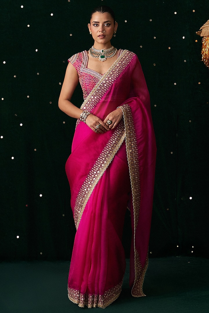Pink Organza Mirror Embroidered Wedding Saree Set by Almaari by Pooja Patel at Pernia's Pop Up Shop