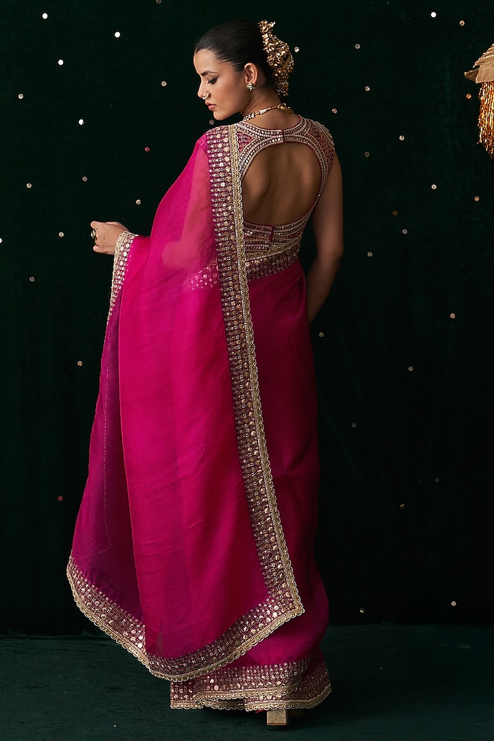 Pink Organza Mirror Embroidered Wedding Saree Set by Almaari by Pooja Patel at Pernia's Pop Up Shop