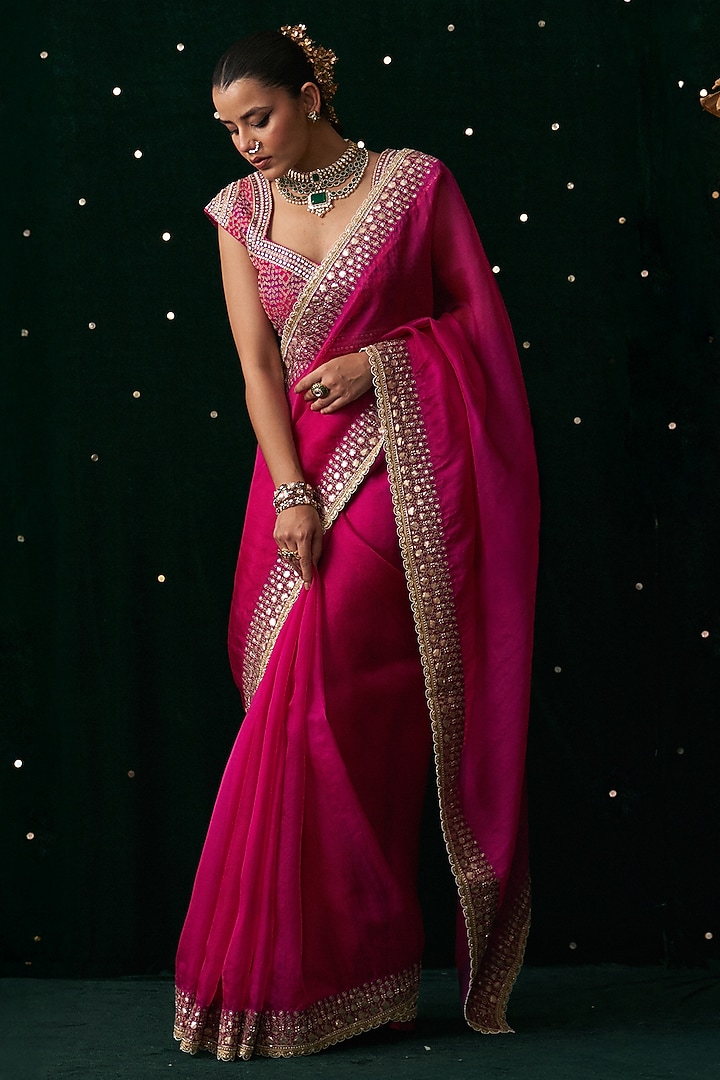 Pink Organza Mirror Embroidered Wedding Saree Set by Almaari by Pooja Patel at Pernia's Pop Up Shop