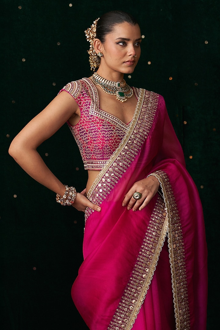 Pink Organza Mirror Embroidered Wedding Saree Set by Almaari by Pooja Patel at Pernia's Pop Up Shop