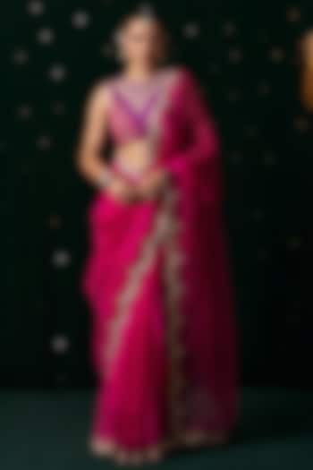 Pink Organza Mirror Embroidered Wedding Saree Set by Almaari by Pooja Patel at Pernia's Pop Up Shop