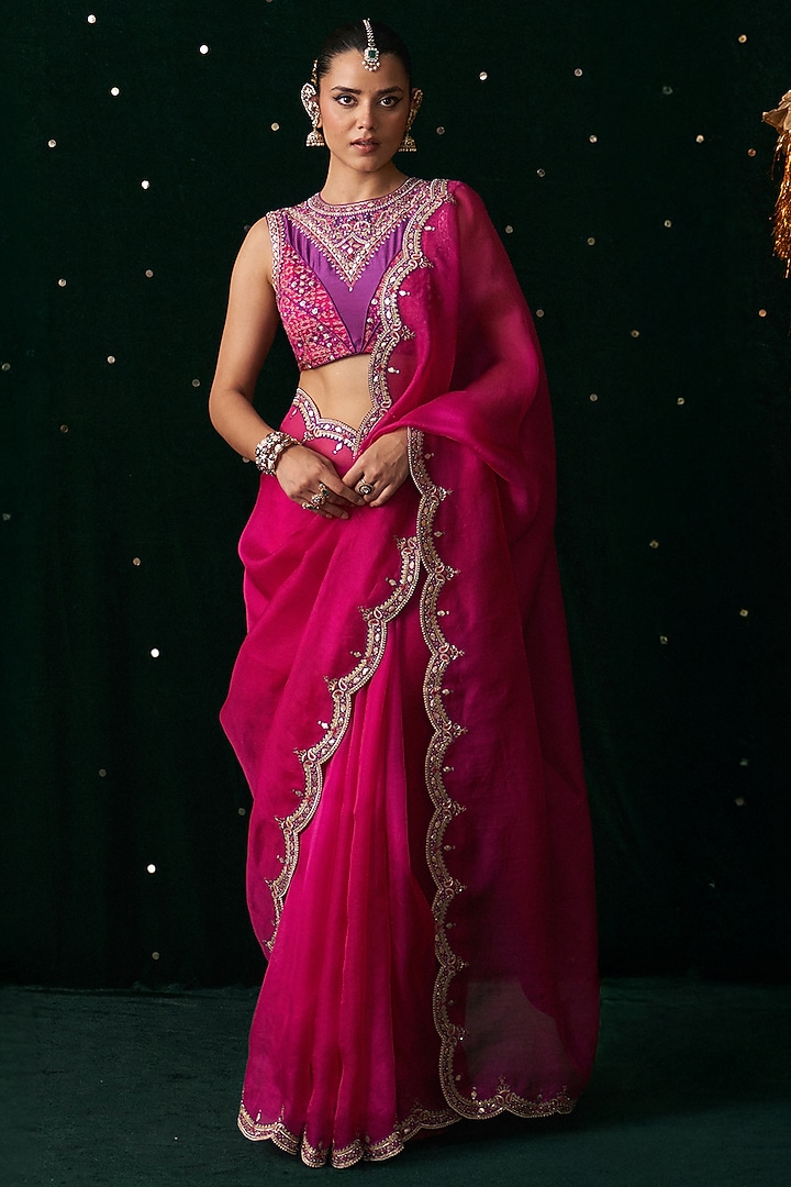 Pink Organza Mirror Embroidered Wedding Saree Set by Almaari by Pooja Patel at Pernia's Pop Up Shop
