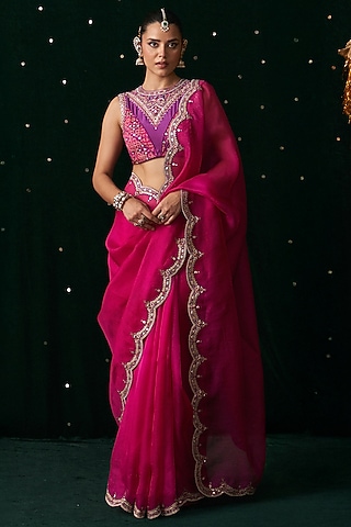 Pink Organza Mirror Embroidered Saree Set by Almaari by Pooja Patel