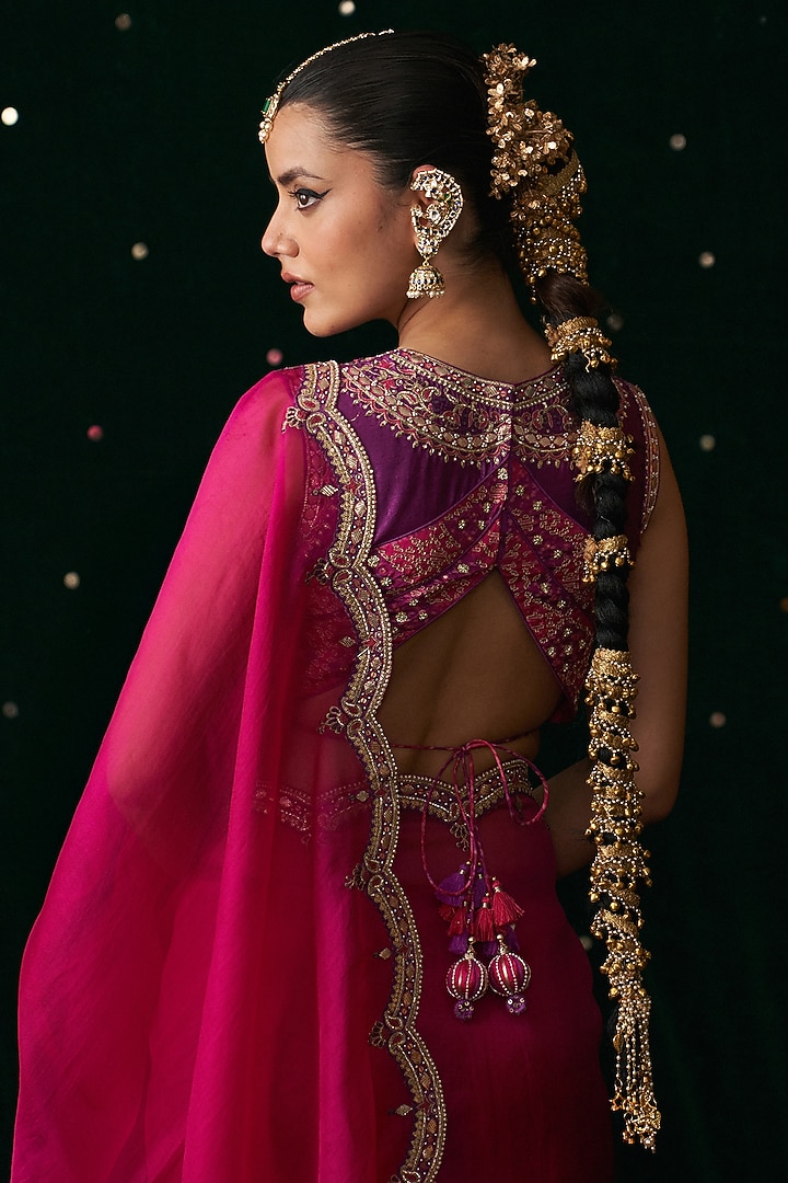 Pink Organza Mirror Embroidered Wedding Saree Set by Almaari by Pooja Patel at Pernia's Pop Up Shop