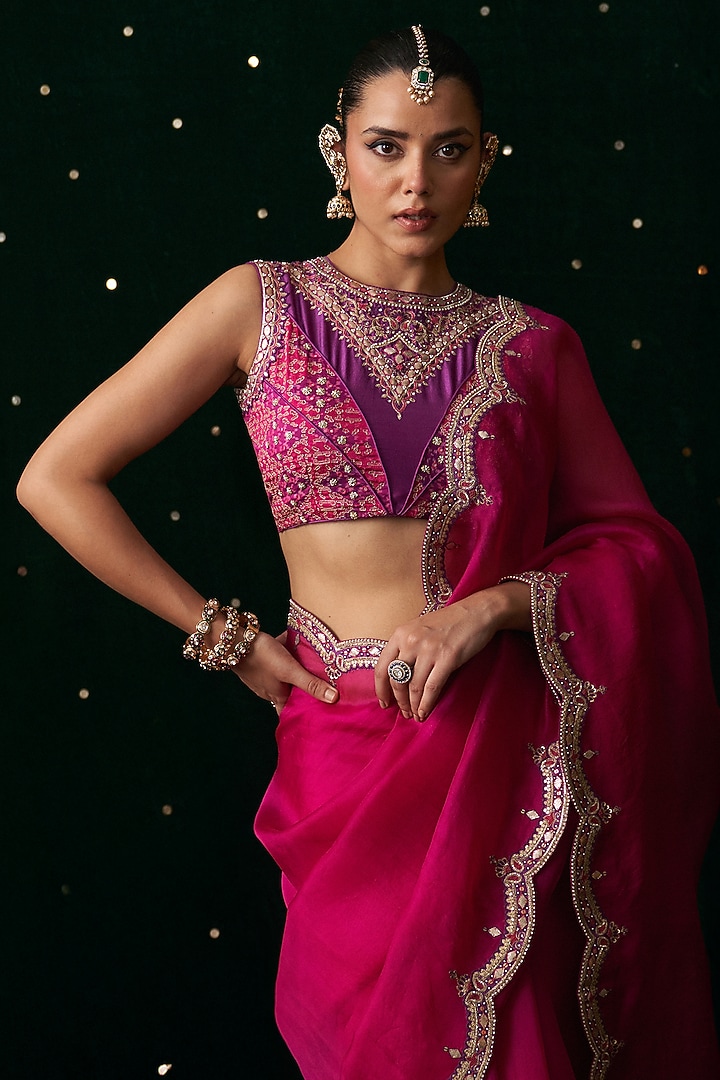Pink Organza Mirror Embroidered Wedding Saree Set by Almaari by Pooja Patel at Pernia's Pop Up Shop