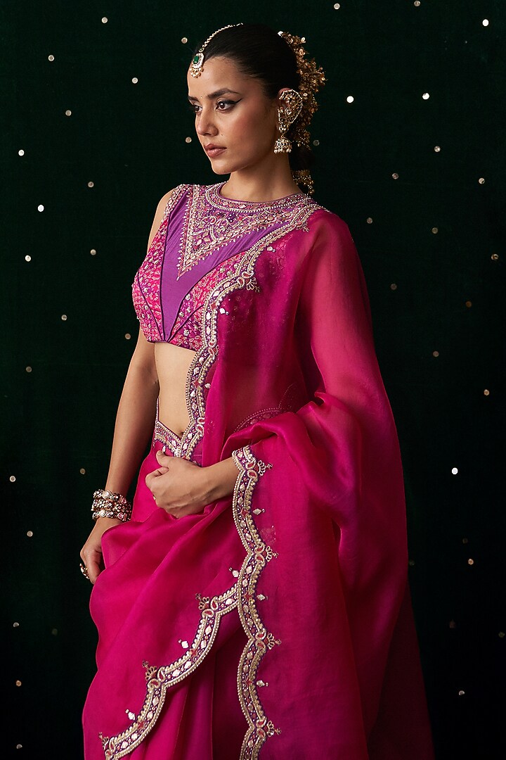 Pink Organza Mirror Embroidered Wedding Saree Set by Almaari by Pooja Patel at Pernia's Pop Up Shop