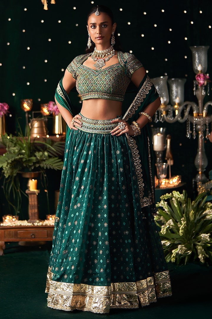 Green Organza Jacquard Zari Embroidered Bridal Lehenga Set by Almaari by Pooja Patel at Pernia's Pop Up Shop