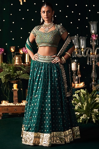 Green Organza Jacquard Zari Embroidered Lehenga Set by Almaari by Pooja Patel