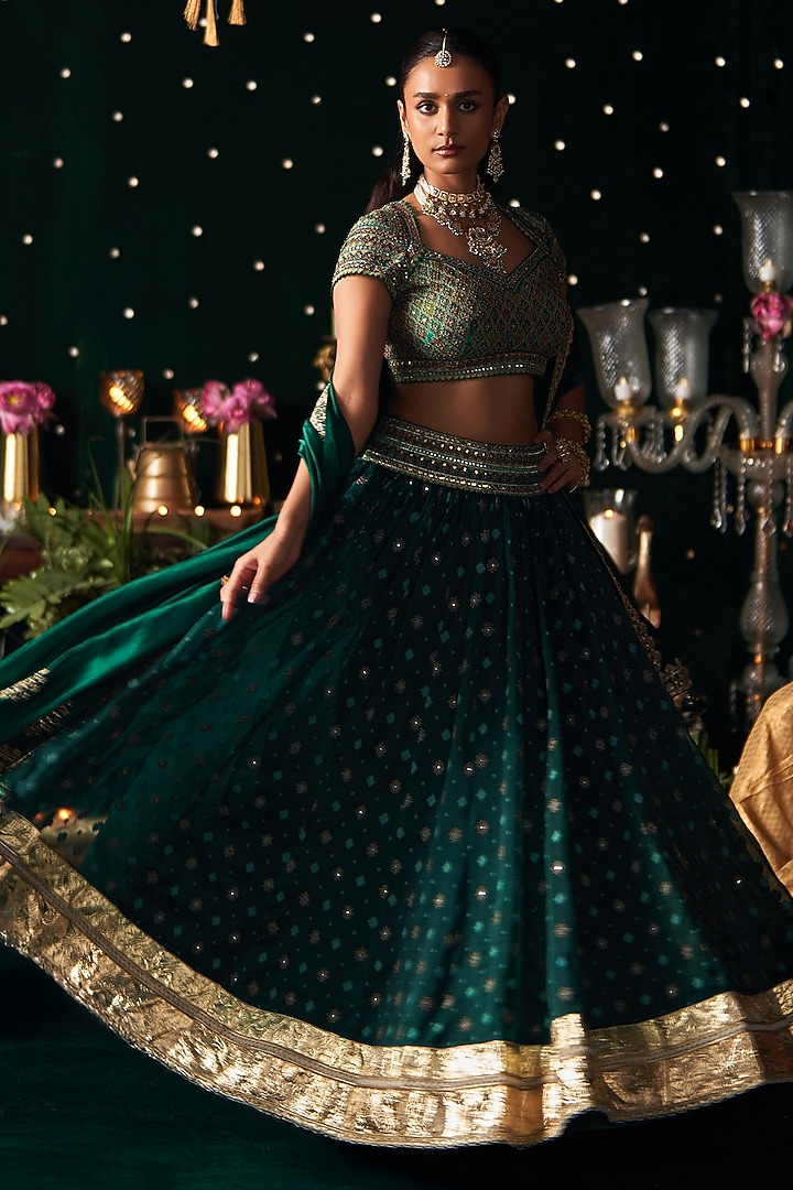 Green Organza Jacquard Zari Embroidered Bridal Lehenga Set by Almaari by Pooja Patel at Pernia's Pop Up Shop