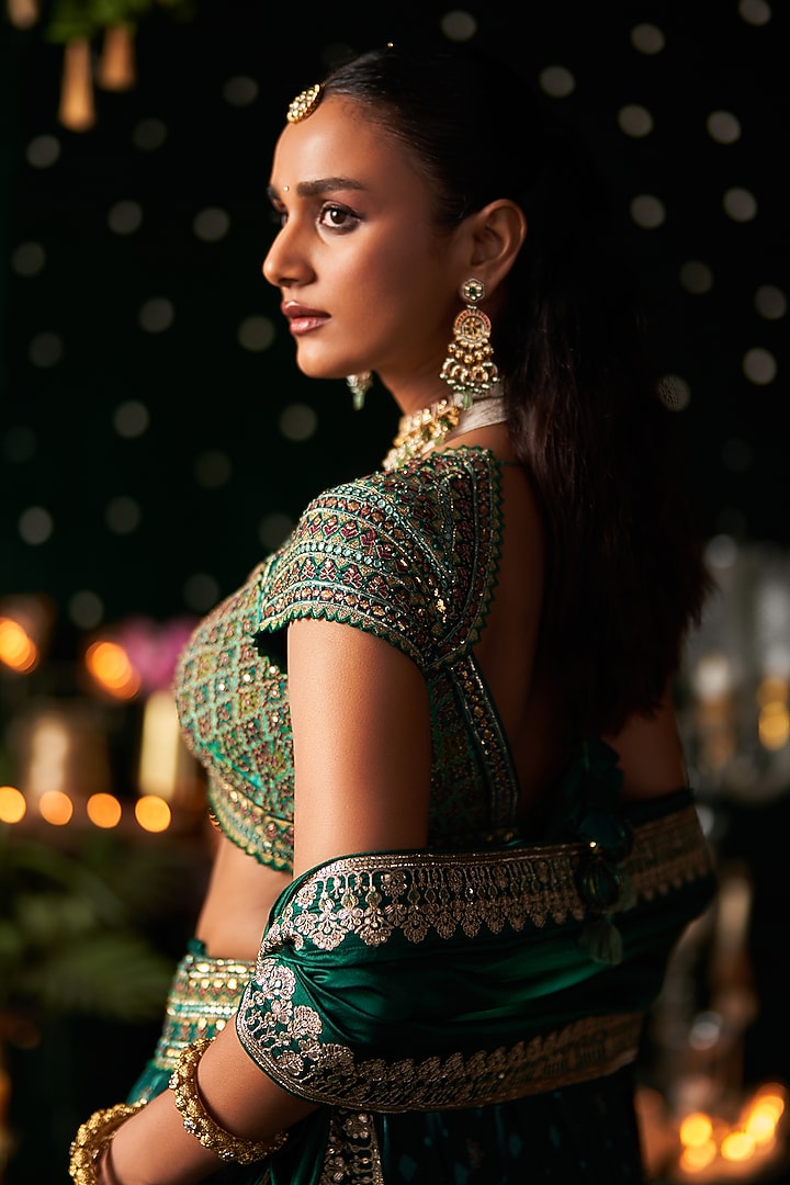 Green Organza Jacquard Zari Embroidered Bridal Lehenga Set by Almaari by Pooja Patel at Pernia's Pop Up Shop
