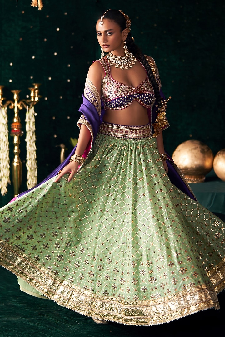Green Chanderi Jacquard Embroidered Bridal Lehenga Set by Almaari by Pooja Patel at Pernia's Pop Up Shop