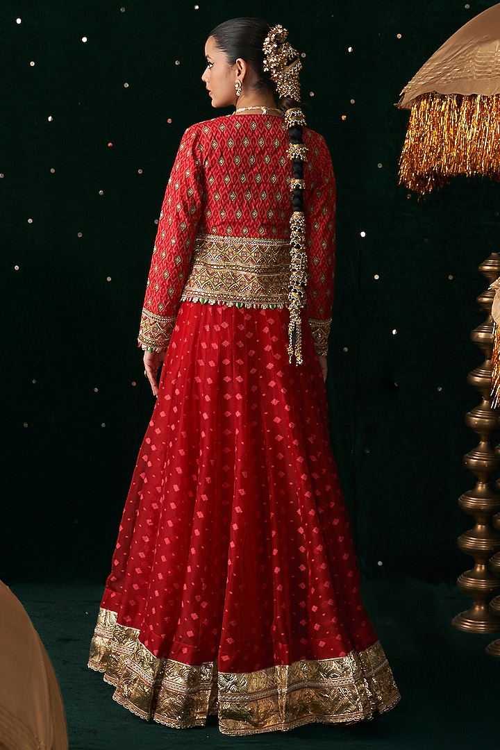 Red Organza Jacquard Embroidered Wedding Lehenga Set by Almaari by Pooja Patel at Pernia's Pop Up Shop