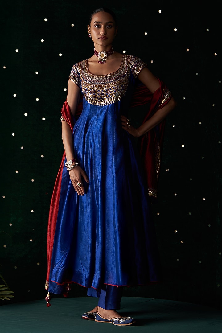 Blue Ikat & Silk Embroidered Wedding Anarkali Set by Almaari by Pooja Patel at Pernia's Pop Up Shop