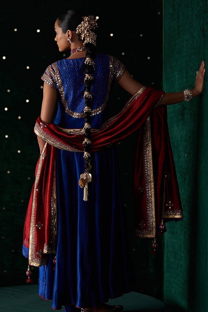 Blue Ikat & Silk Embroidered Wedding Anarkali Set by Almaari by Pooja Patel at Pernia's Pop Up Shop