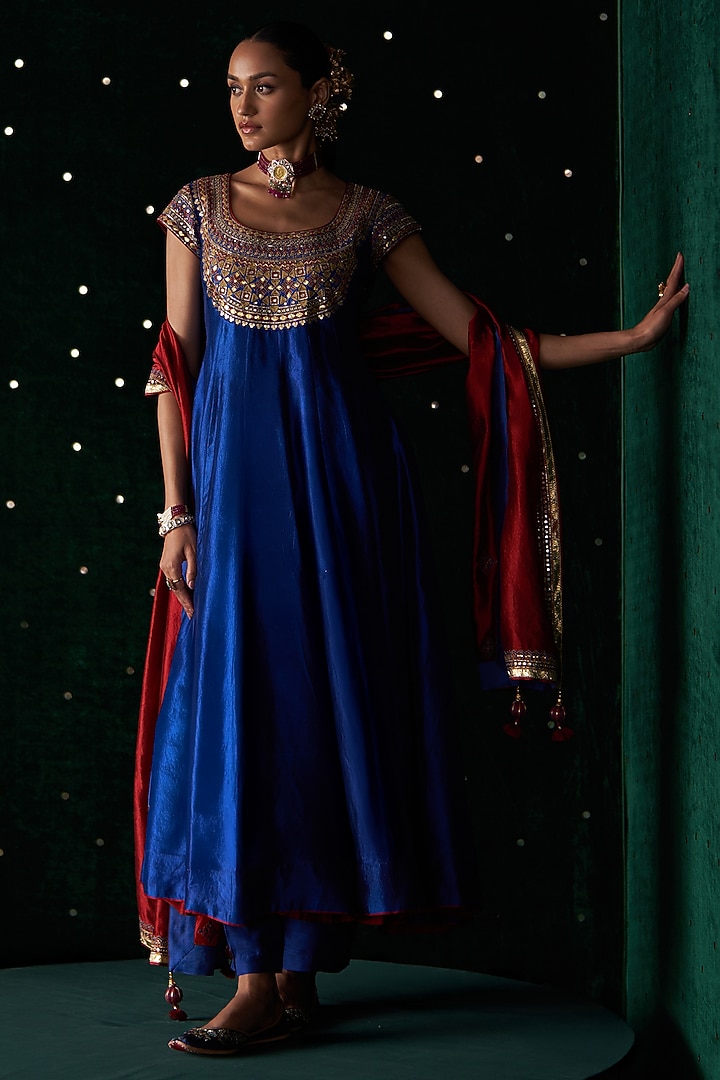 Blue Ikat & Silk Embroidered Wedding Anarkali Set by Almaari by Pooja Patel at Pernia's Pop Up Shop