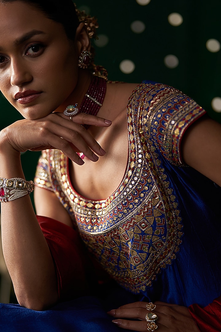 Blue Ikat & Silk Embroidered Wedding Anarkali Set by Almaari by Pooja Patel at Pernia's Pop Up Shop
