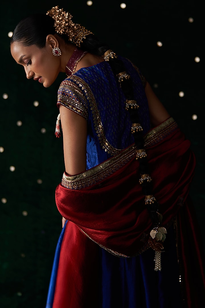 Blue Ikat & Silk Embroidered Wedding Anarkali Set by Almaari by Pooja Patel at Pernia's Pop Up Shop