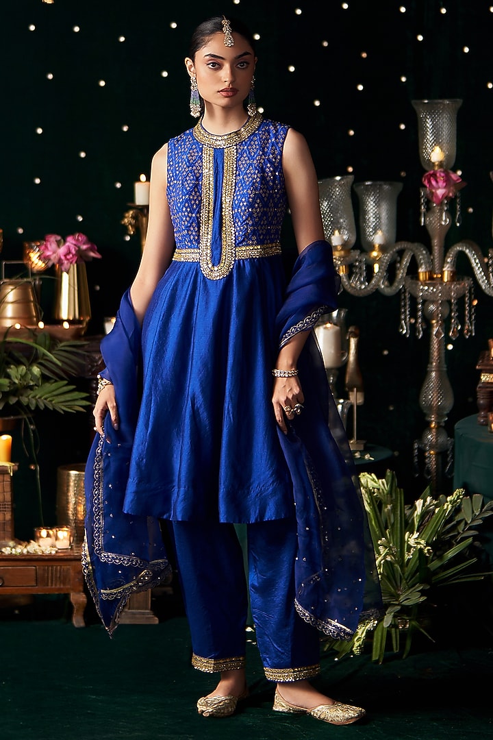 Blue Ikat & Silk Embroidered Wedding Anarkali Set by Almaari by Pooja Patel at Pernia's Pop Up Shop