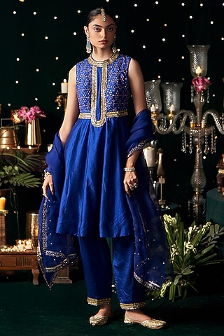 Blue Ikat & Silk Embroidered Anarkali Set by Almaari by Pooja Patel