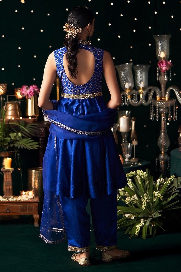 Blue Ikat & Silk Embroidered Wedding Anarkali Set by Almaari by Pooja Patel at Pernia's Pop Up Shop