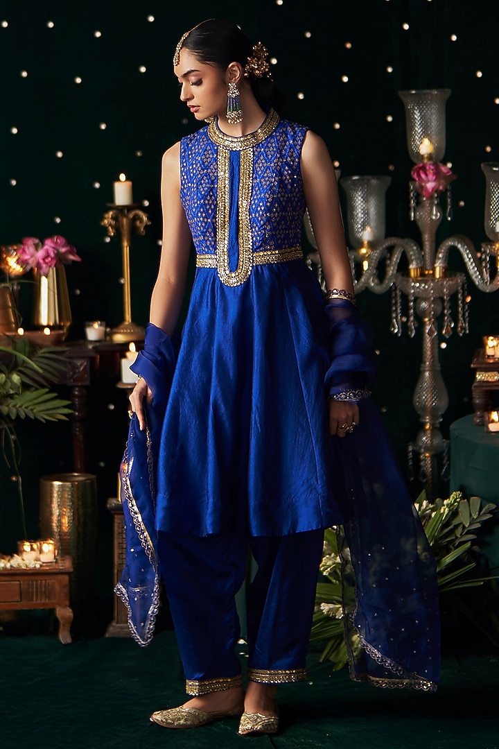 Blue Ikat & Silk Embroidered Wedding Anarkali Set by Almaari by Pooja Patel at Pernia's Pop Up Shop
