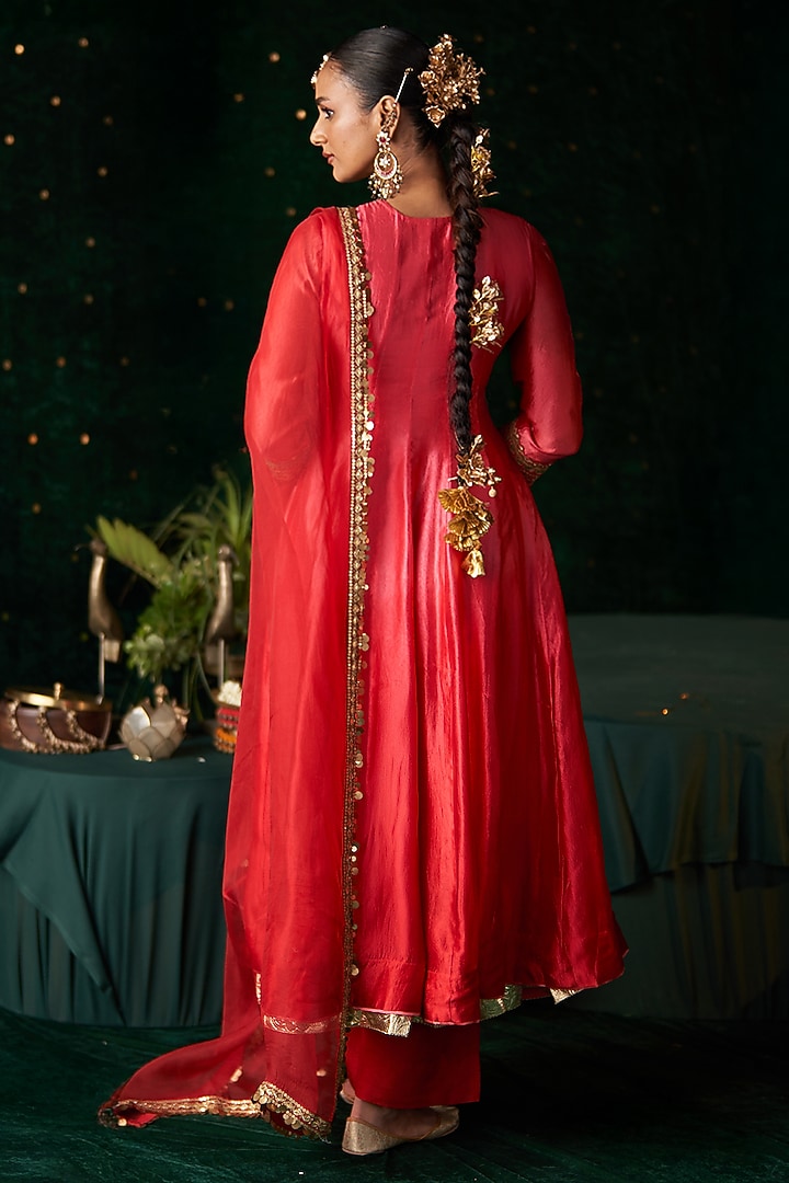 Red Ikat & Silk Embroidered Wedding Anarkali Set by Almaari by Pooja Patel at Pernia's Pop Up Shop