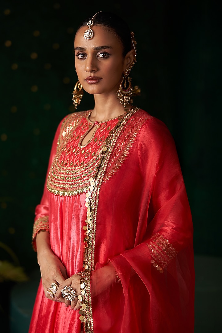 Red Ikat & Silk Embroidered Wedding Anarkali Set by Almaari by Pooja Patel at Pernia's Pop Up Shop