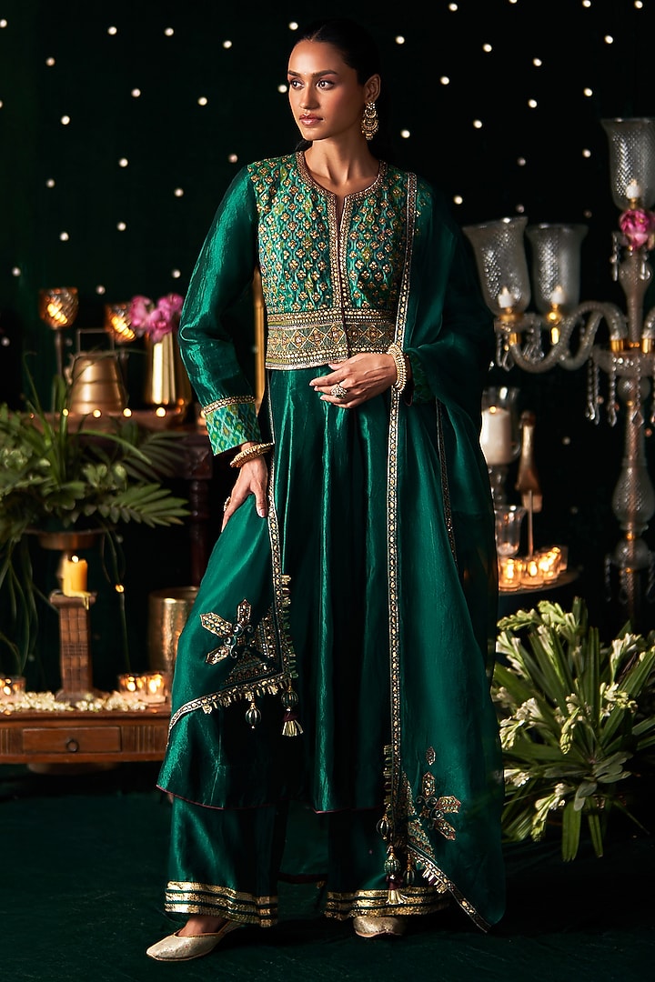 Green Ikat & Silk Embroidered Wedding Anarkali Set by Almaari by Pooja Patel at Pernia's Pop Up Shop