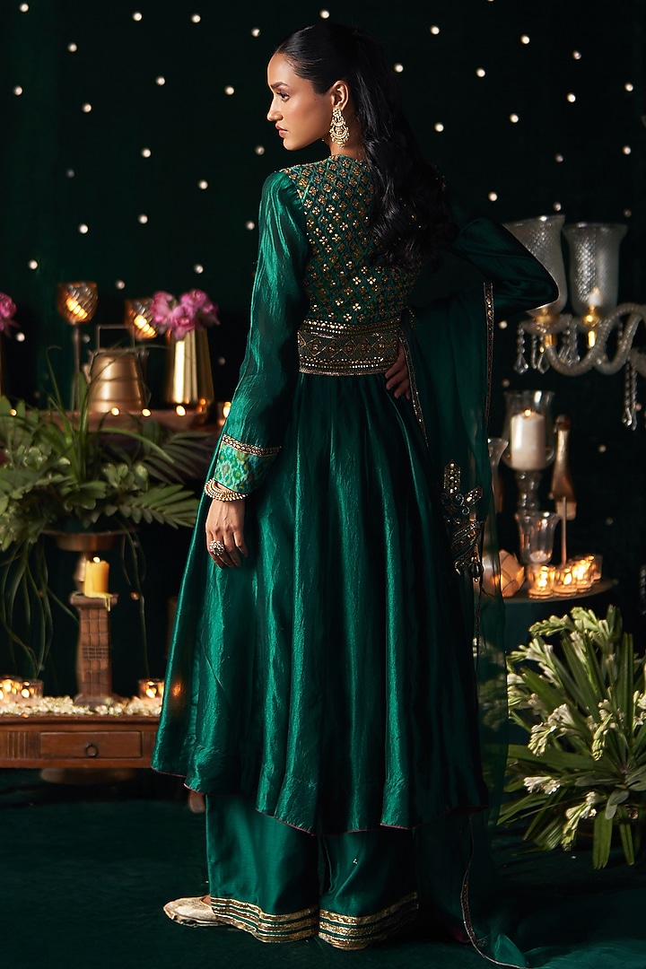 Green Ikat & Silk Embroidered Wedding Anarkali Set by Almaari by Pooja Patel at Pernia's Pop Up Shop