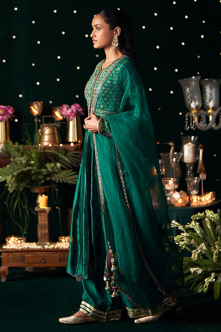 Green Ikat & Silk Embroidered Wedding Anarkali Set by Almaari by Pooja Patel at Pernia's Pop Up Shop
