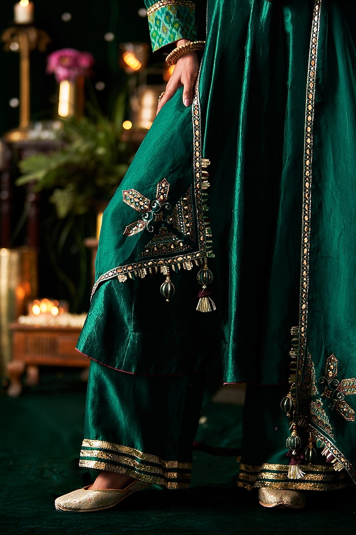 Green Ikat & Silk Embroidered Wedding Anarkali Set by Almaari by Pooja Patel at Pernia's Pop Up Shop