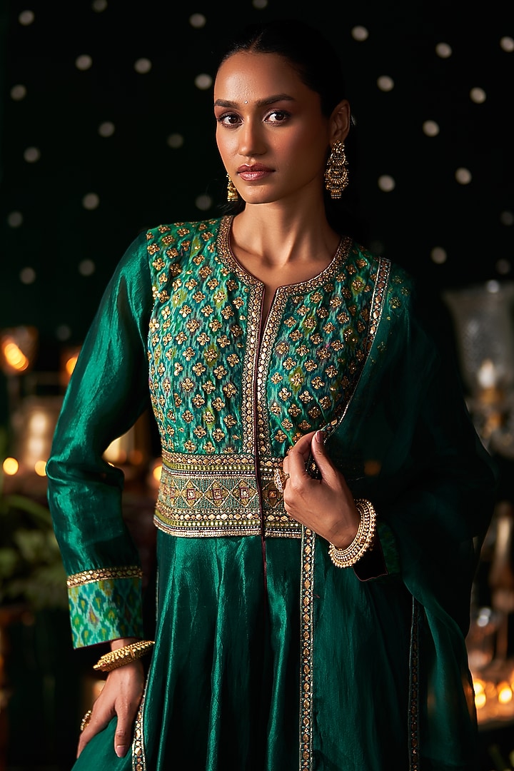 Green Ikat & Silk Embroidered Wedding Anarkali Set by Almaari by Pooja Patel at Pernia's Pop Up Shop