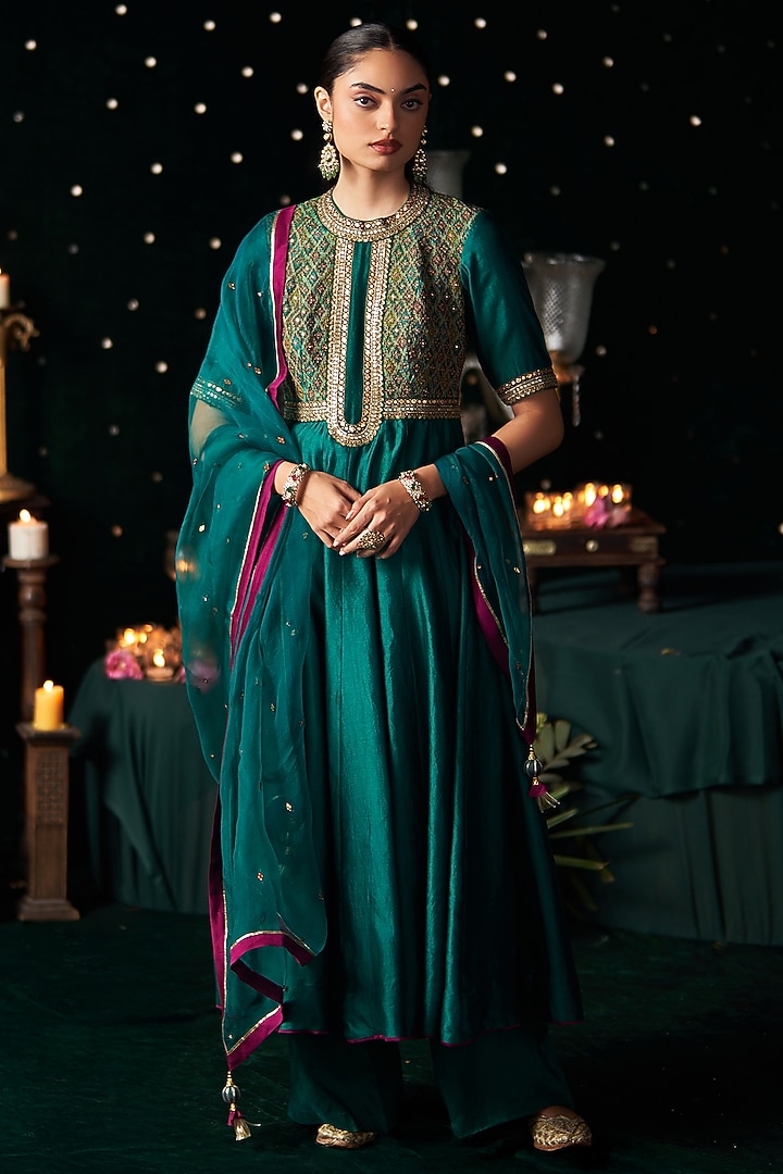 Green Ikat & Silk Embroidered Wedding Anarkali Set by Almaari by Pooja Patel at Pernia's Pop Up Shop