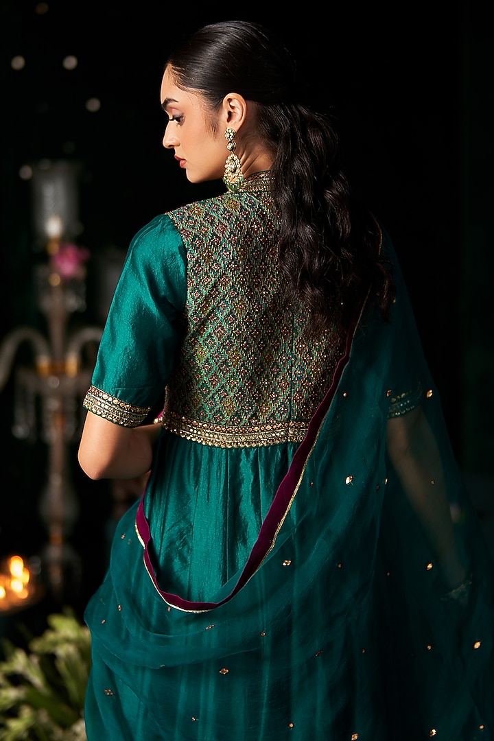 Green Ikat & Silk Embroidered Wedding Anarkali Set by Almaari by Pooja Patel at Pernia's Pop Up Shop
