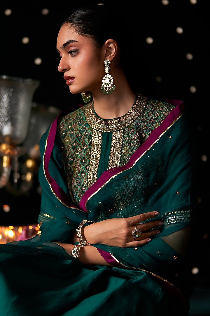 Green Ikat & Silk Embroidered Wedding Anarkali Set by Almaari by Pooja Patel at Pernia's Pop Up Shop