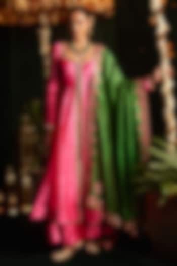 Pink Silk Embroidered Bridal Anarkali Set by Almaari by Pooja Patel at Pernia's Pop Up Shop