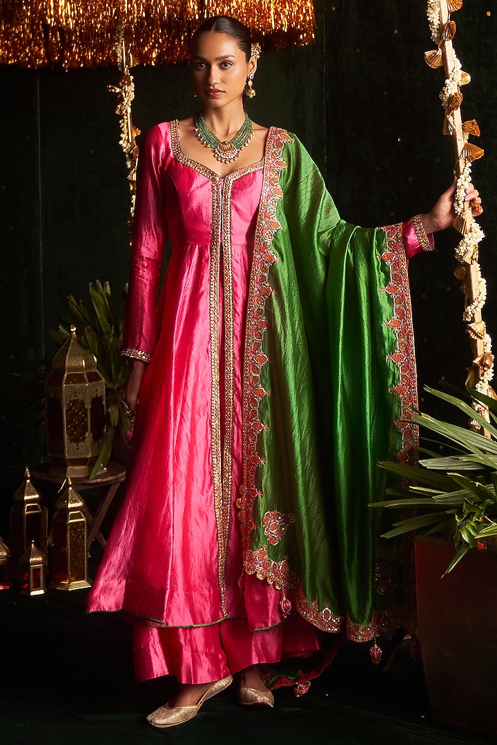 Pink Silk Embroidered Bridal Anarkali Set by Almaari by Pooja Patel at Pernia's Pop Up Shop
