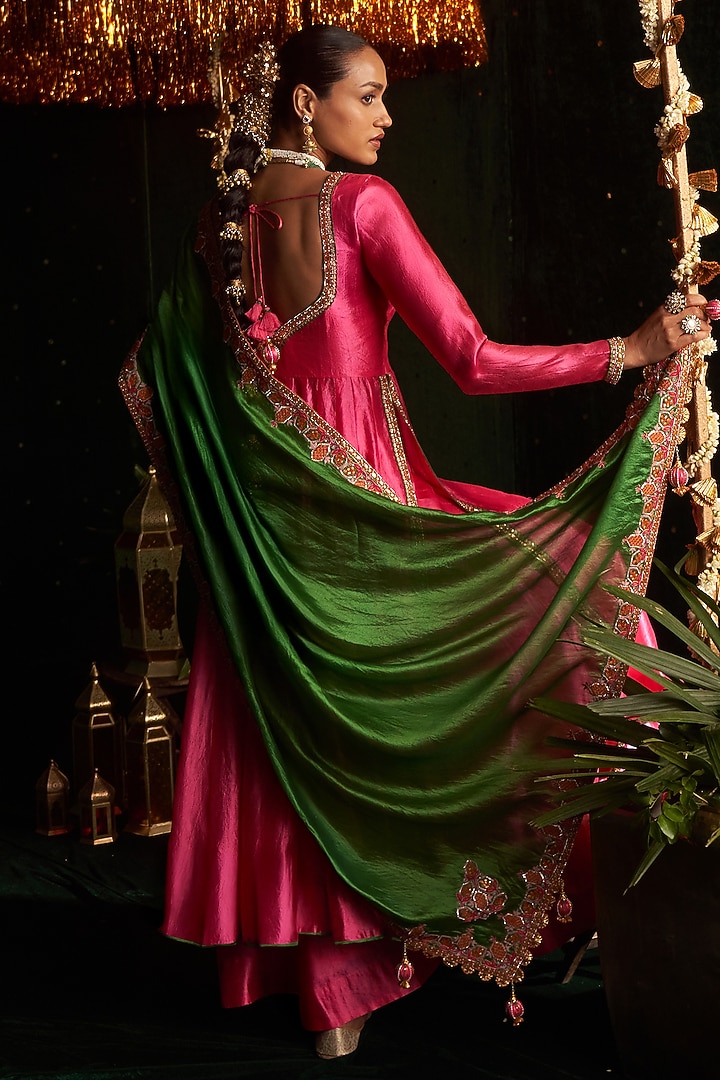 Pink Silk Embroidered Bridal Anarkali Set by Almaari by Pooja Patel at Pernia's Pop Up Shop