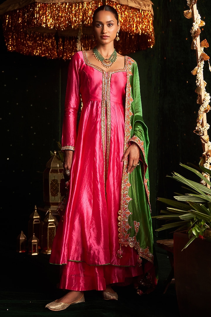 Pink Silk Embroidered Bridal Anarkali Set by Almaari by Pooja Patel at Pernia's Pop Up Shop