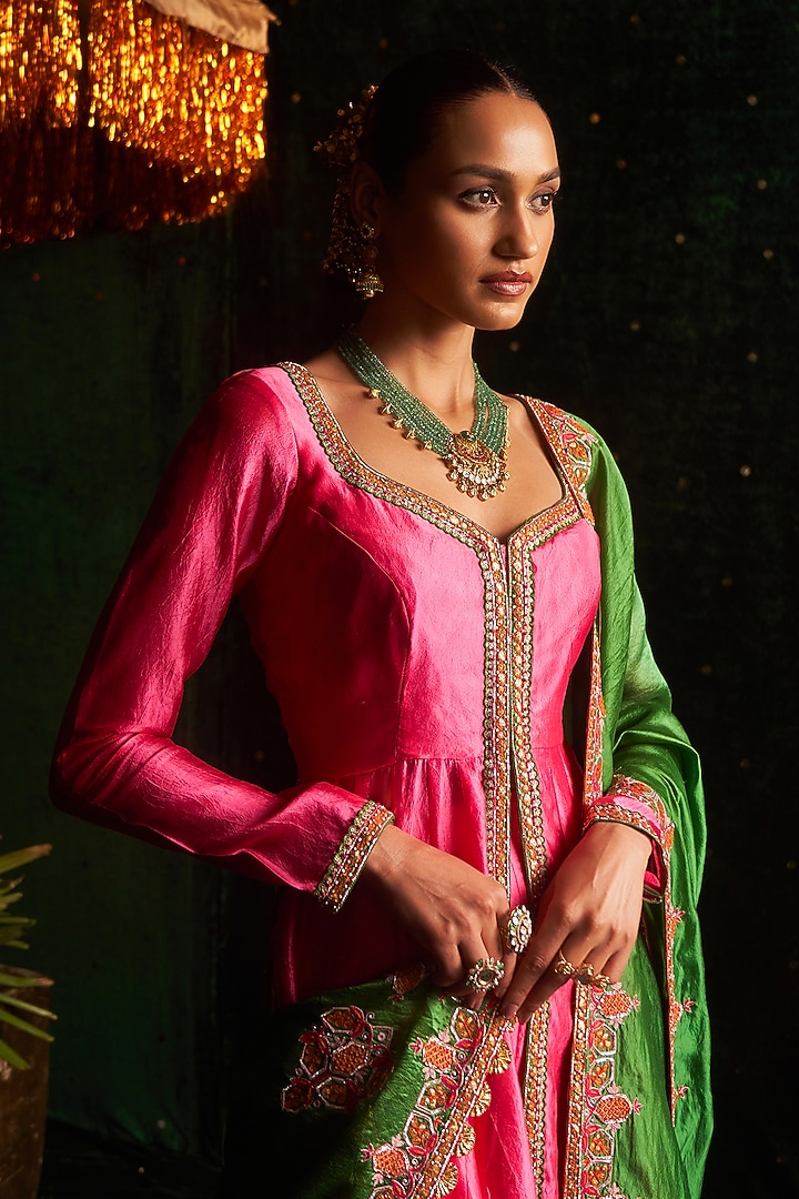 Pink Silk Embroidered Bridal Anarkali Set by Almaari by Pooja Patel at Pernia's Pop Up Shop