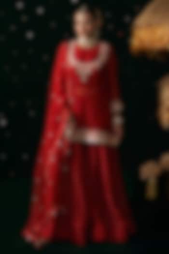 Red Organza Jacquard Embroidered Wedding Sharara Set by Almaari by Pooja Patel at Pernia's Pop Up Shop