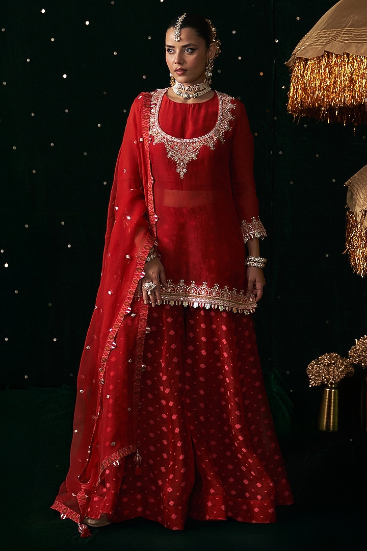 Red Organza Jacquard Embroidered Wedding Sharara Set by Almaari by Pooja Patel at Pernia's Pop Up Shop