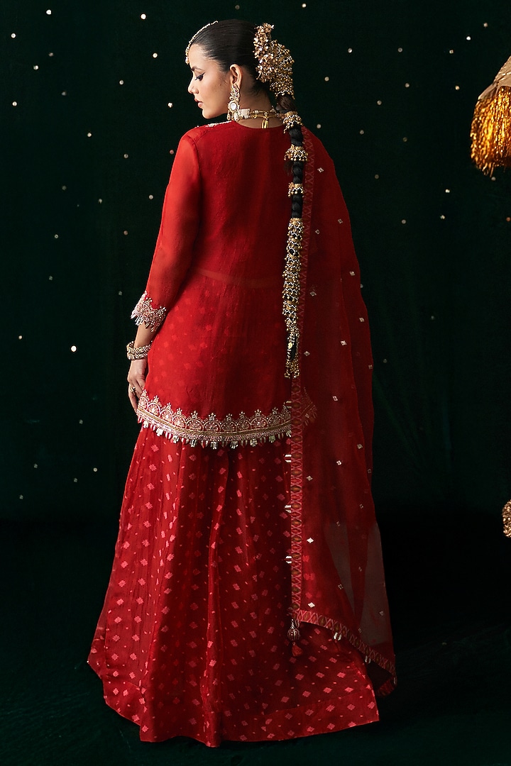 Red Organza Jacquard Embroidered Wedding Sharara Set by Almaari by Pooja Patel at Pernia's Pop Up Shop