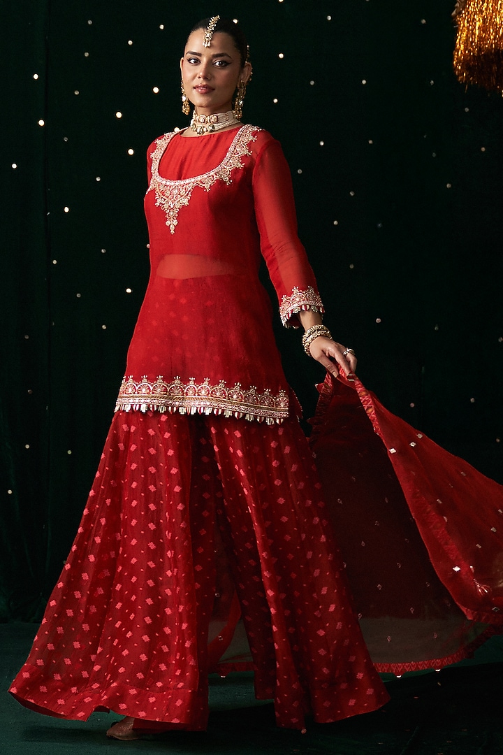 Red Organza Jacquard Embroidered Wedding Sharara Set by Almaari by Pooja Patel at Pernia's Pop Up Shop